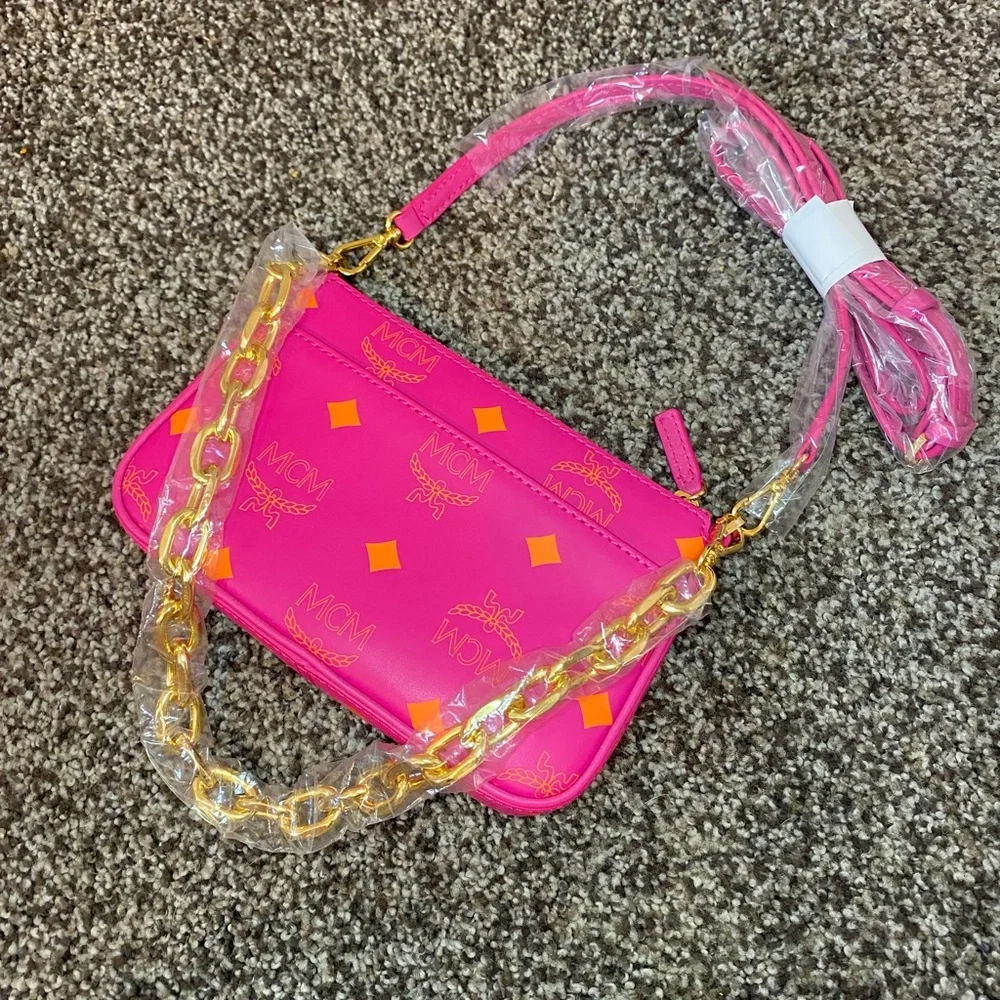 NWT MCM Fuchsia Pink Mini Color Splash Logo Leather Shoulder Bag - Picture 3 of 13